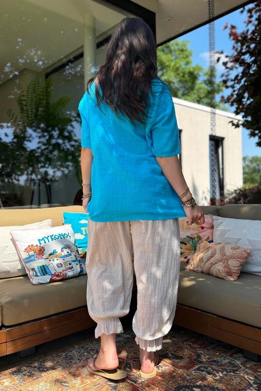 Izi Cheesecloth Button Tee Turquoise